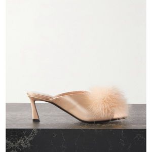Saint Laurent Mae feather trimmed silk satin mules